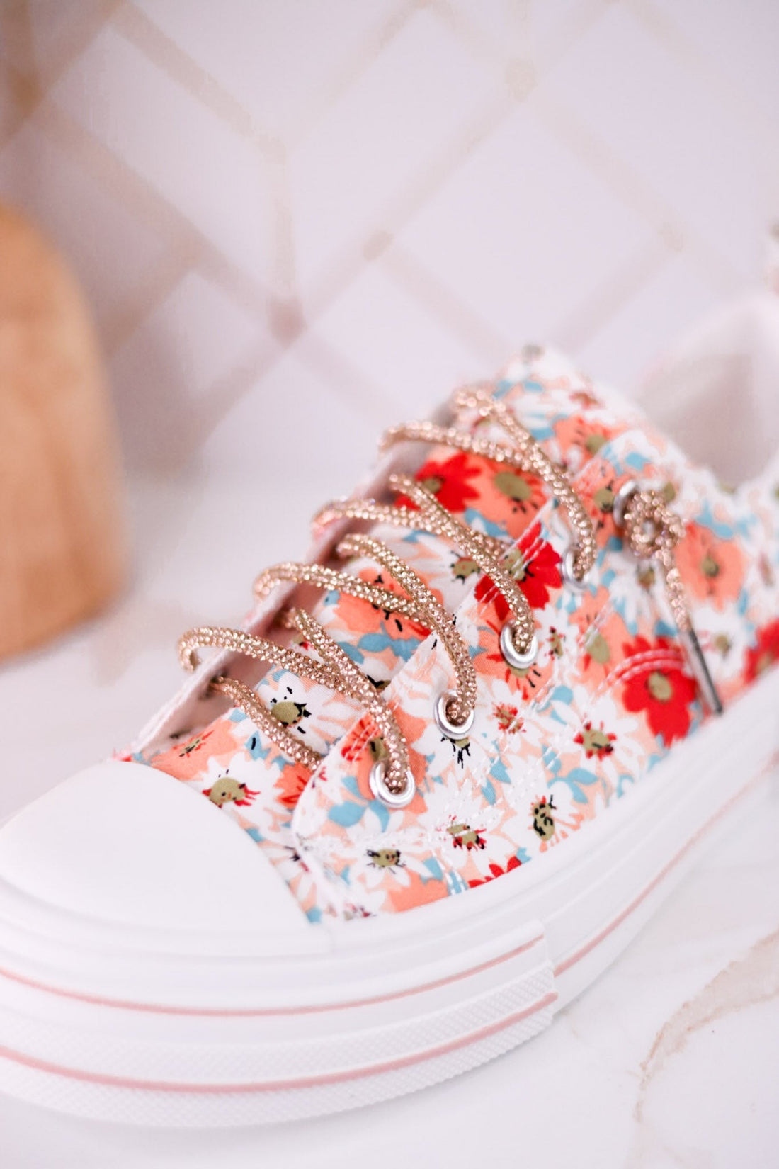 Aman Peach Floral Sneakers With Rhinestone Laces - Whiskey Skies - VERY G