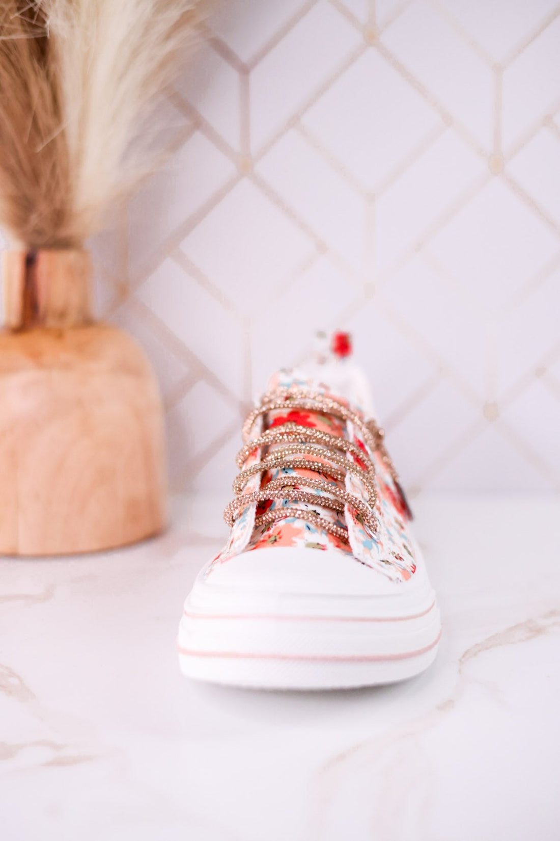 Aman Peach Floral Sneakers With Rhinestone Laces - Whiskey Skies - VERY G