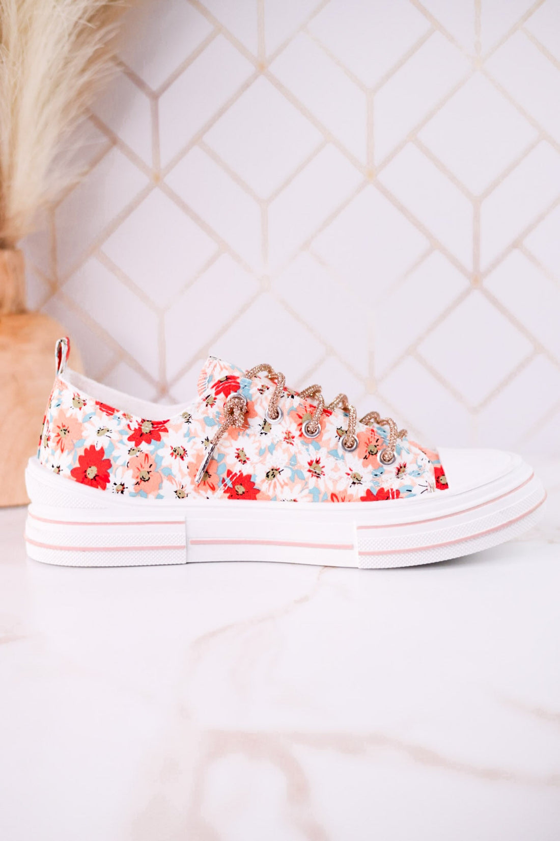Aman Peach Floral Sneakers With Rhinestone Laces - Whiskey Skies - VERY G