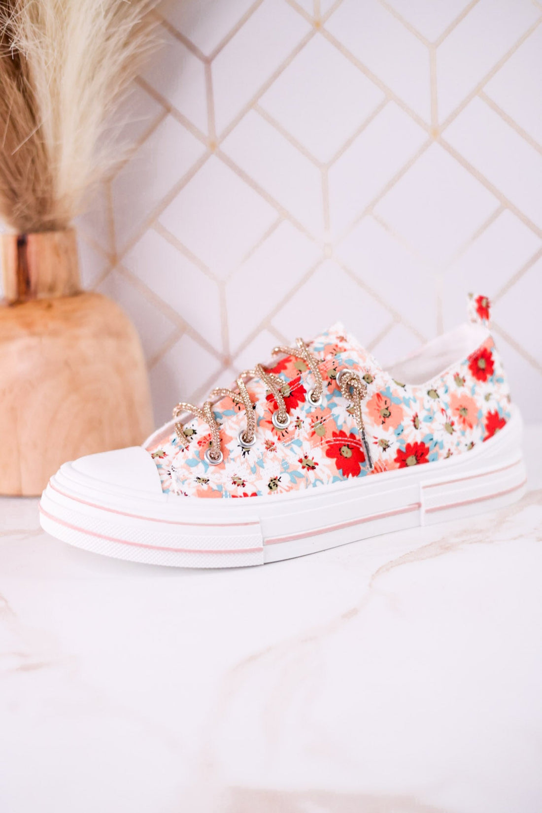 Aman Peach Floral Sneakers With Rhinestone Laces - Whiskey Skies - VERY G