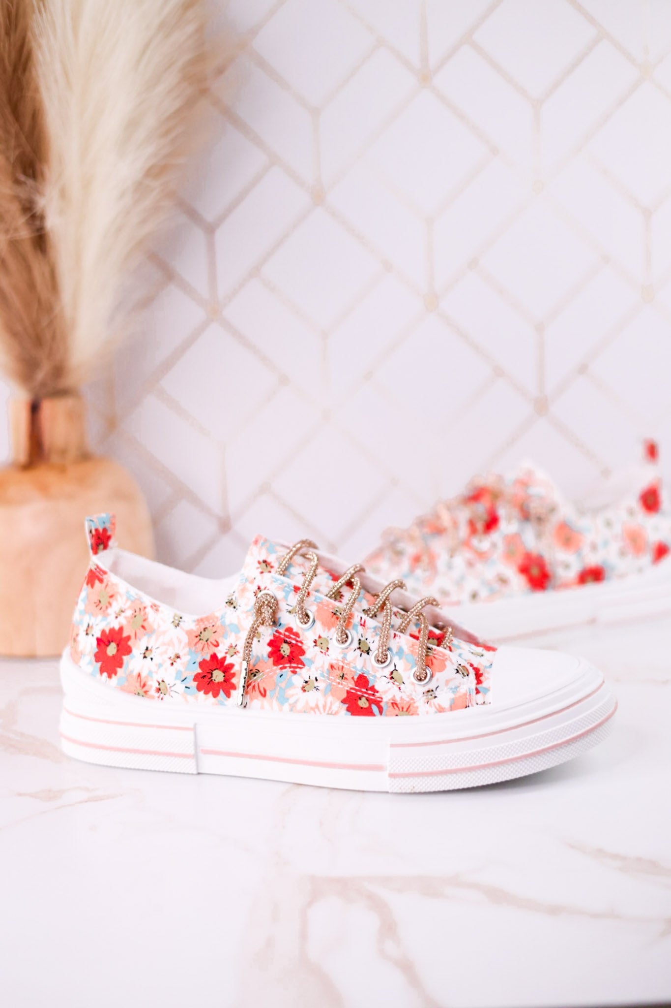 Aman Peach Floral Sneakers With Rhinestone Laces - Whiskey Skies - VERY G