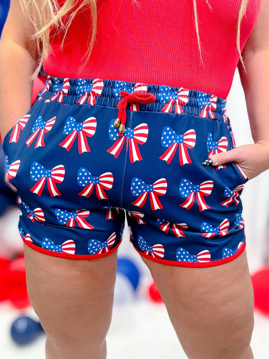American Bow Print Drawstring Shorts - Whiskey Skies - JESS LEA