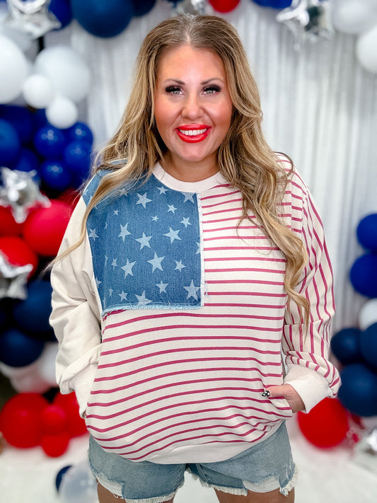 American Flag French Terry Pullover Sweatshirt - Whiskey Skies - DAVI & DANI
