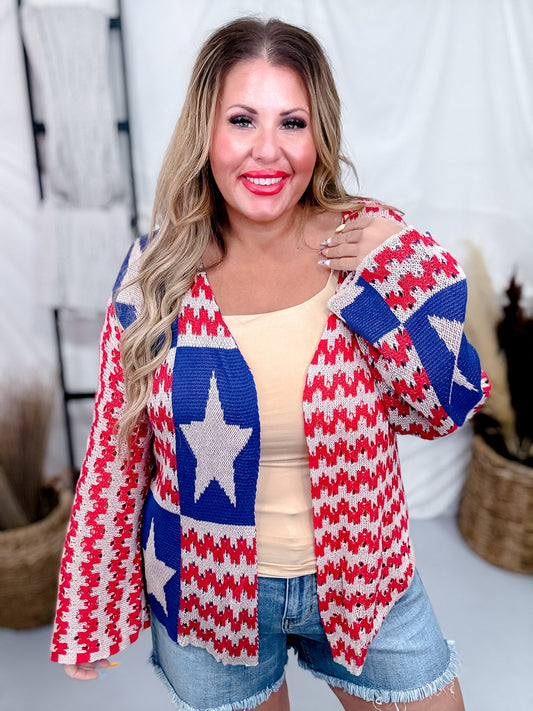 American Flag Theme Pattern Open Sweater Cardigan - Whiskey Skies - BIBI
