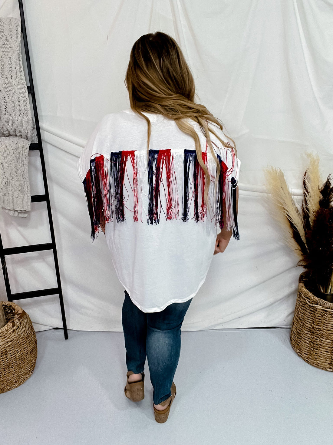 Americana Themed Top with Sequin Stars and Fringe Back - Whiskey Skies - BIBI