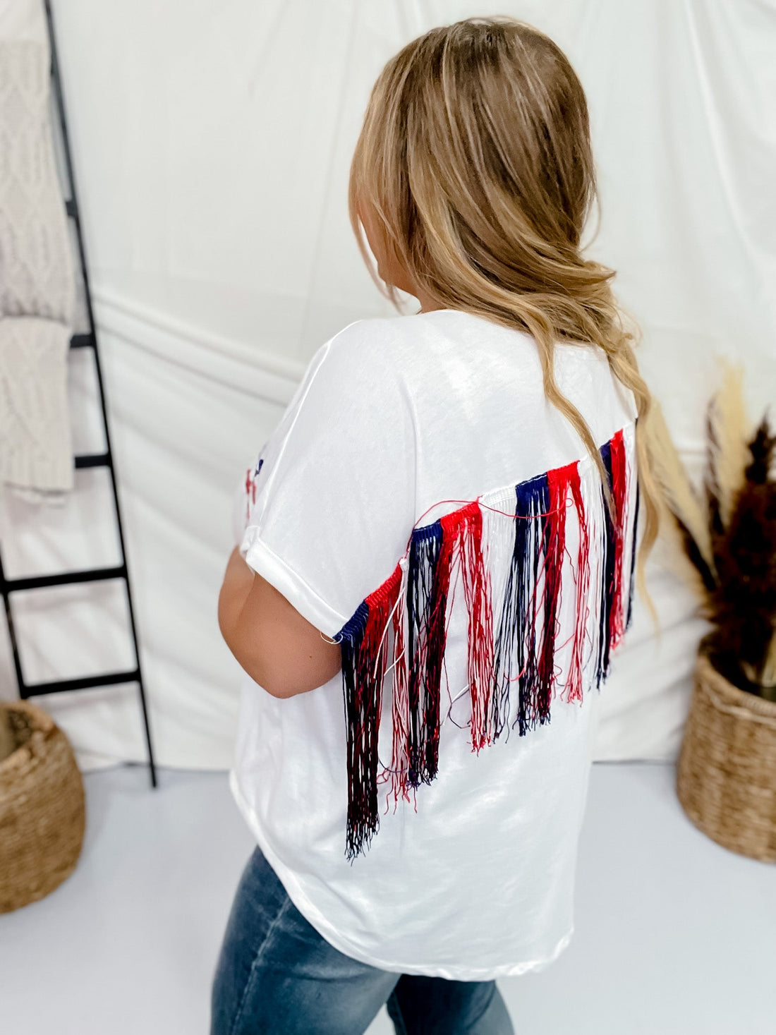 Americana Themed Top with Sequin Stars and Fringe Back - Whiskey Skies - BIBI