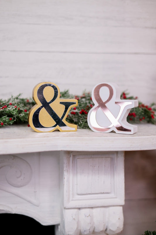 Ampersand Wooden Tabletop/Wall Block Sign W/ Mirror Word (2 Colors) - Whiskey Skies - YOUNG'S INC