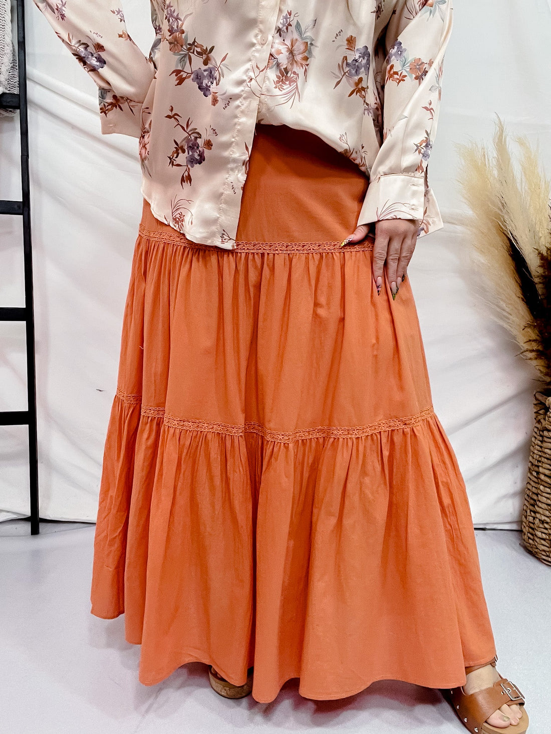 Apricot Lace Trimmed Long Elastic Waist Skirt - Whiskey Skies - WHITE BIRCH