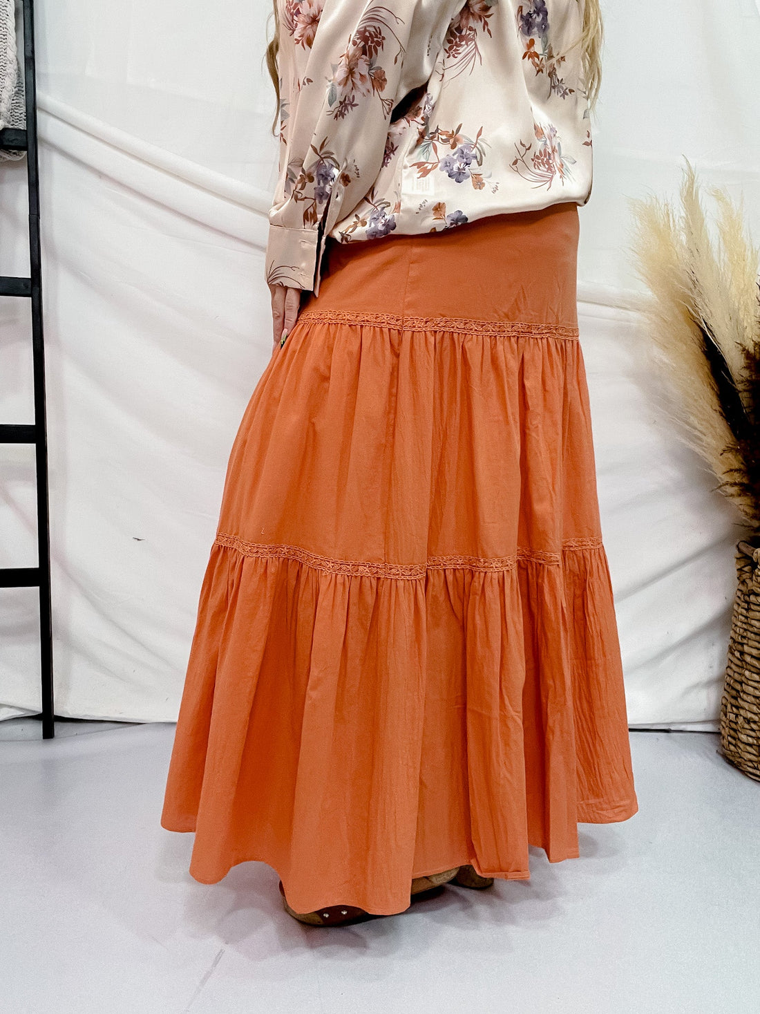 Apricot Lace Trimmed Long Elastic Waist Skirt - Whiskey Skies - WHITE BIRCH