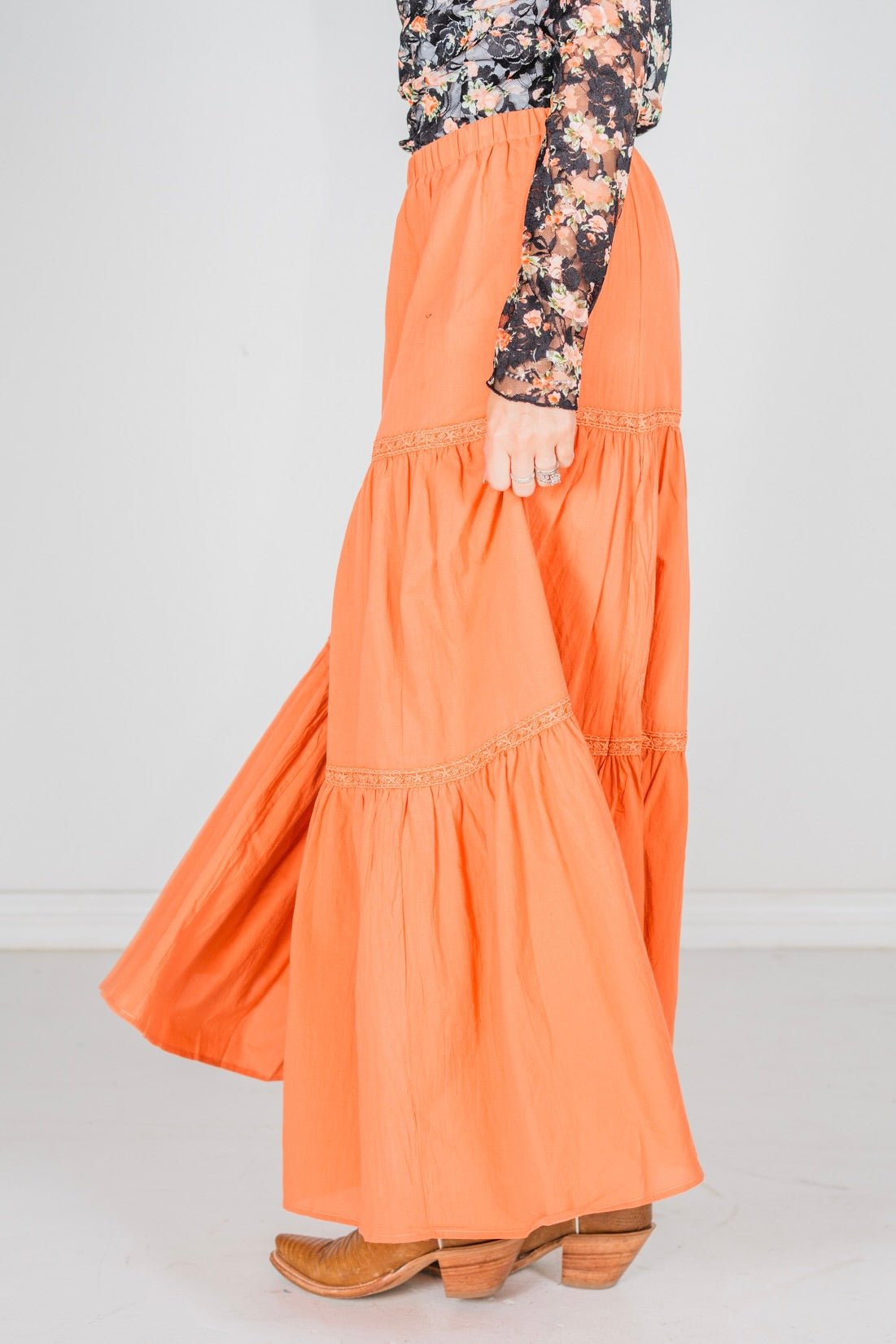 Apricot Lace Trimmed Long Elastic Waist Skirt - Whiskey Skies - WHITE BIRCH