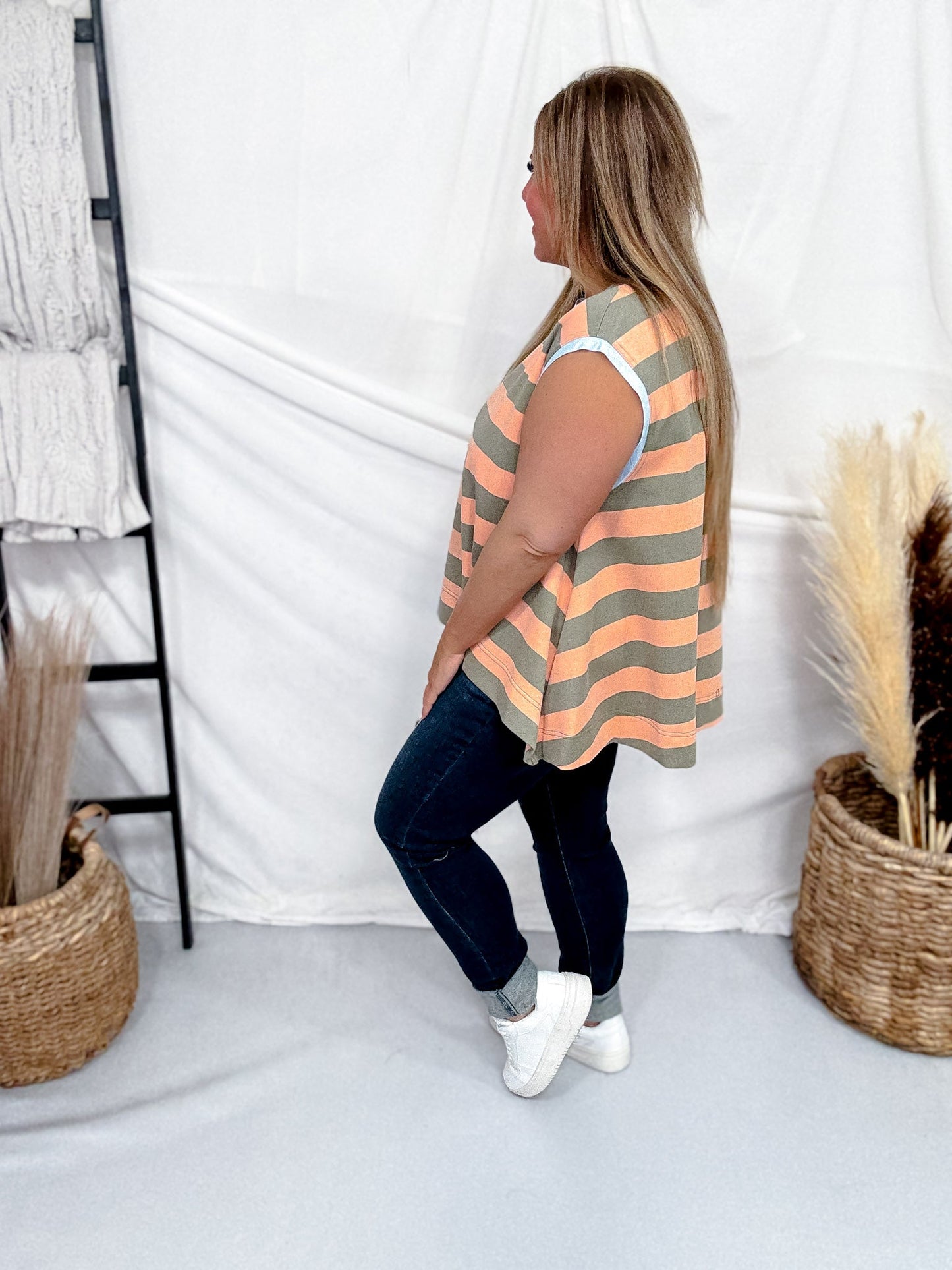 Apricot & Olive Striped Sleeveless Top - Whiskey Skies - DAVI & DANI