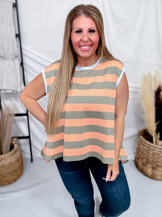 Apricot & Olive Striped Sleeveless Top - Whiskey Skies - DAVI & DANI