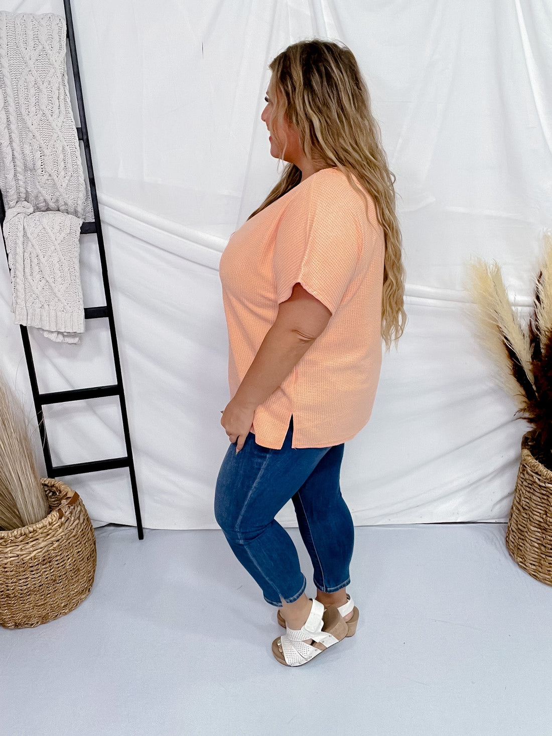 Apricot Short Sleeve Waffle Tunic Top - Whiskey Skies - ANDREE BY UNIT