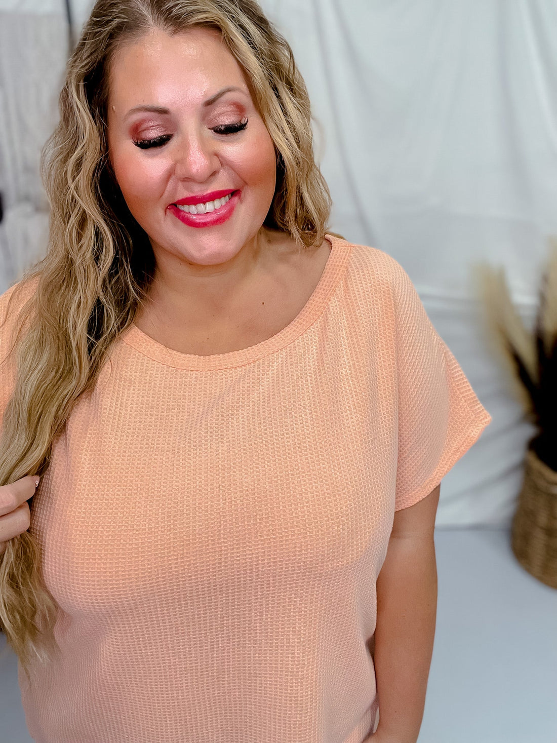 Apricot Short Sleeve Waffle Tunic Top - Whiskey Skies - ANDREE BY UNIT