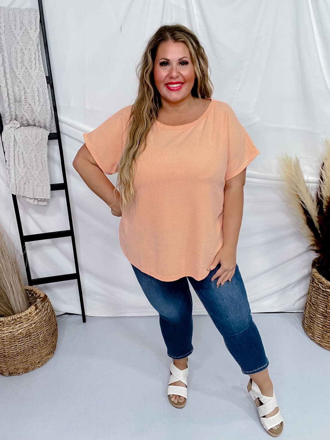 Apricot Short Sleeve Waffle Tunic Top - Whiskey Skies - ANDREE BY UNIT