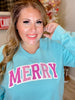 Aqua Blue "Merry" Sweatshirt - Whiskey Skies - SOUTHERN BLISS COMPANY