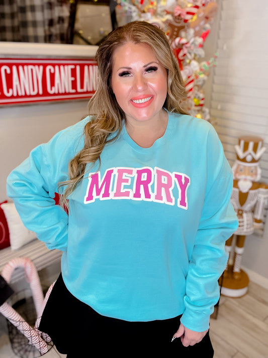 Aqua Blue "Merry" Sweatshirt - Whiskey Skies - SOUTHERN BLISS COMPANY