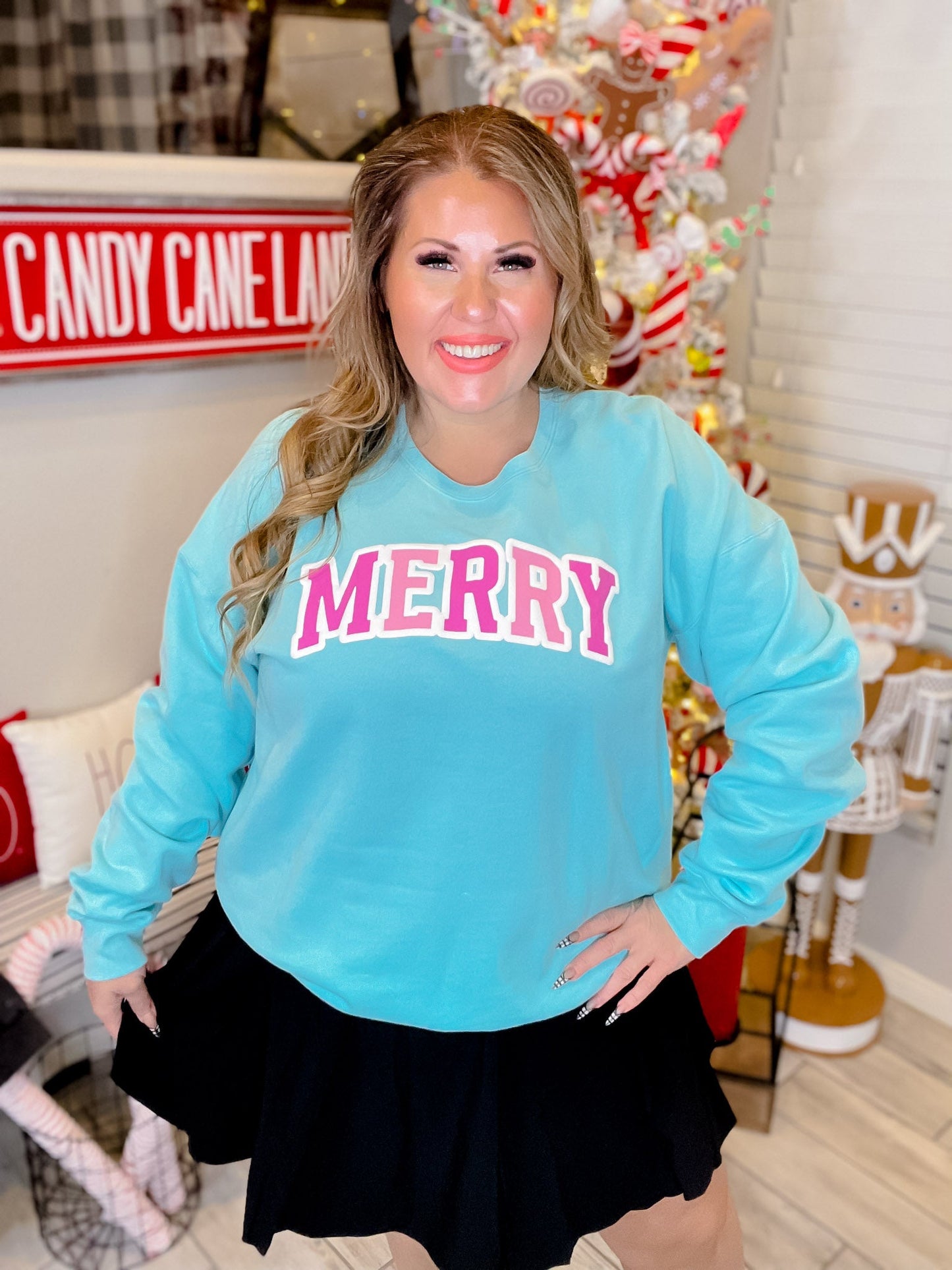 Aqua Blue "Merry" Sweatshirt - Whiskey Skies - SOUTHERN BLISS COMPANY