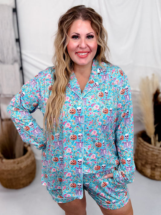 Aqua Skeleton Long Sleeve Shirt And Shorts Pajama Set - Whiskey Skies - BIRD & CO