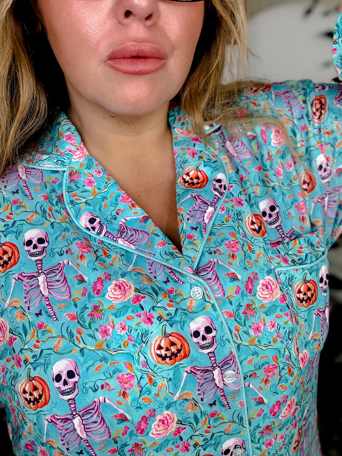 Aqua Skeleton Long Sleeve Shirt And Shorts Pajama Set - Whiskey Skies - BIRD & CO