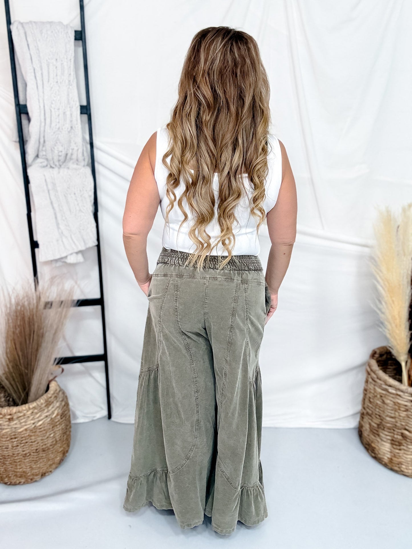 Ash Olive Corduroy High Rise Palazzo Pants - Whiskey Skies - EASEL