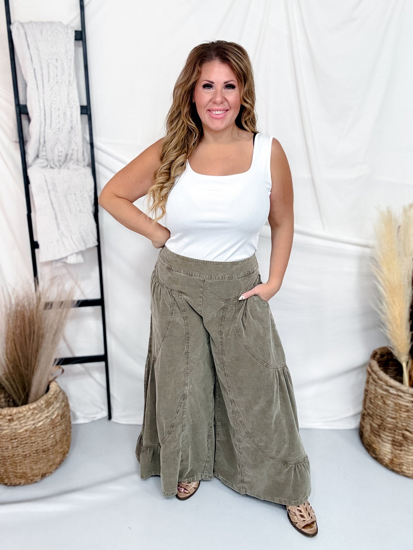 Ash Olive Corduroy High Rise Palazzo Pants - Whiskey Skies - EASEL