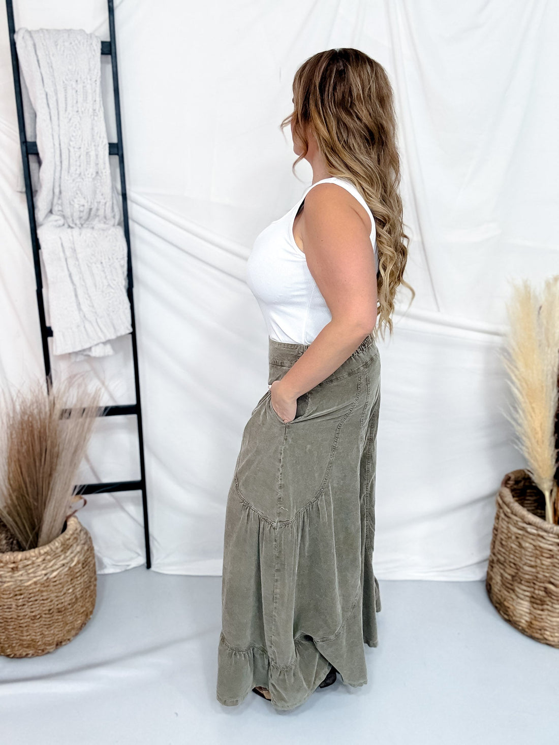 Ash Olive Corduroy High Rise Palazzo Pants - Whiskey Skies - EASEL