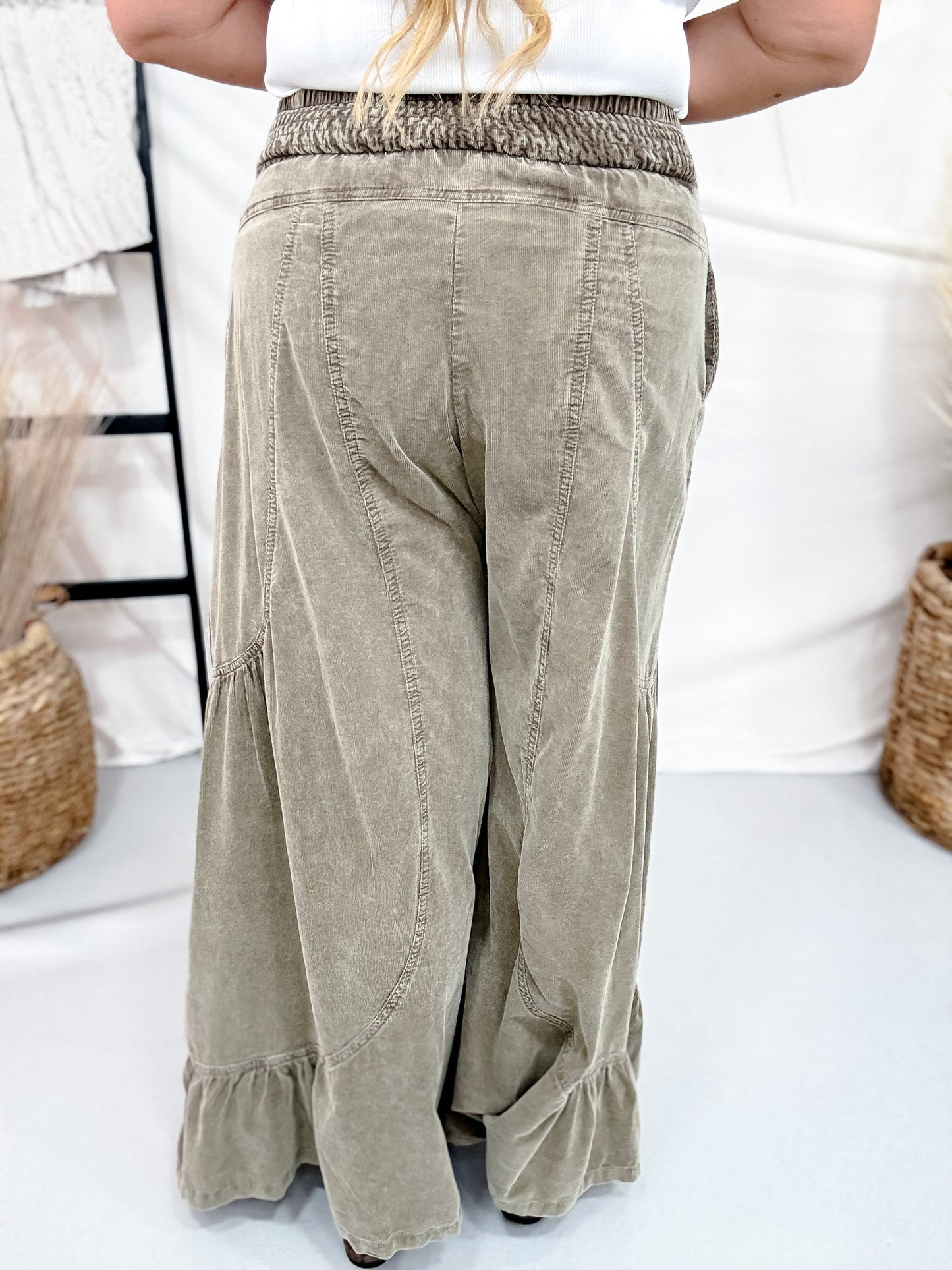 Ash Olive Corduroy High Rise Palazzo Pants - Whiskey Skies - EASEL