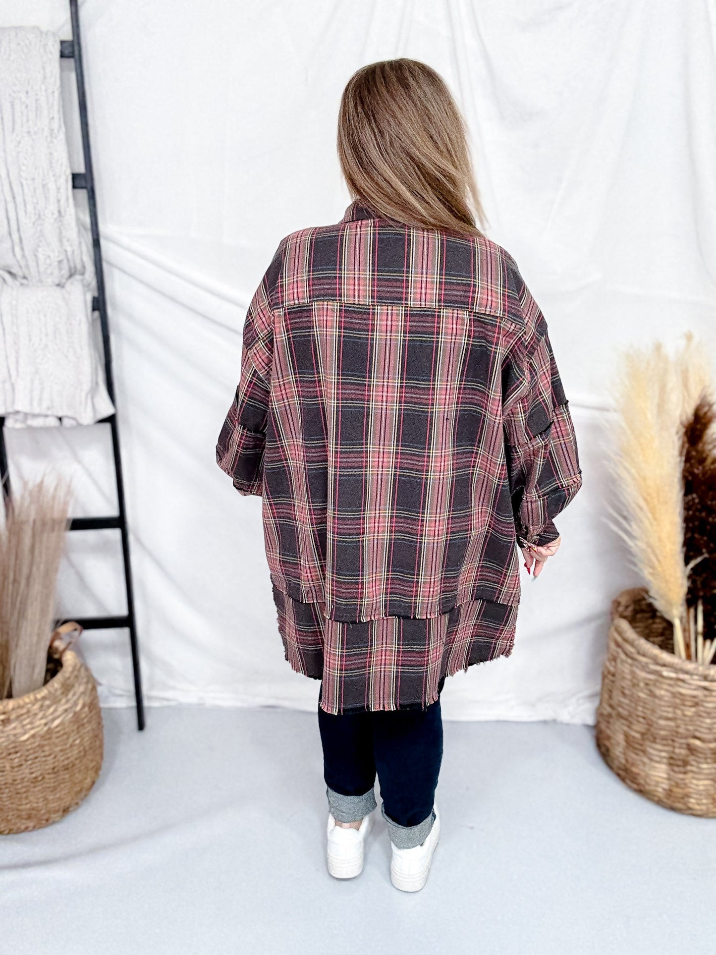 Ash Plaid Button Down Flannel Shirt Dress - Whiskey Skies - EASEL