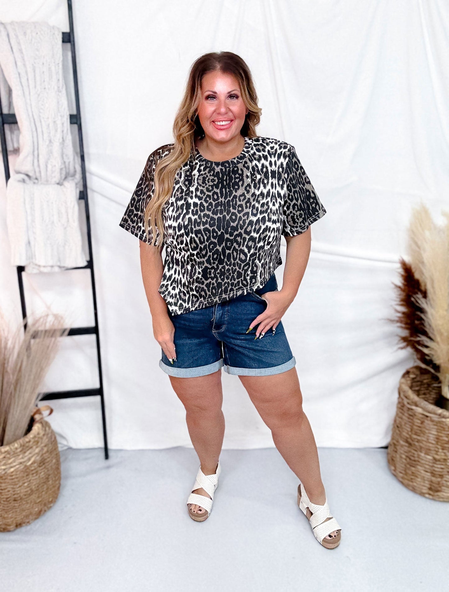 Asymmetrical Short Sleeve Leopard Print Midi Top - Whiskey Skies - DAVI & DANI