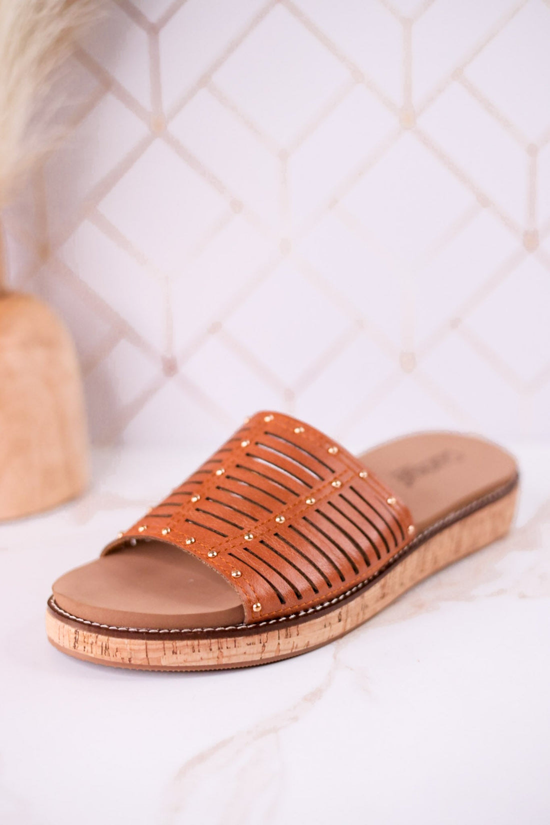 "At Ease" Cognac Slip On Sandals With Stud Accents - Whiskey Skies - CORKYS FOOTWEAR