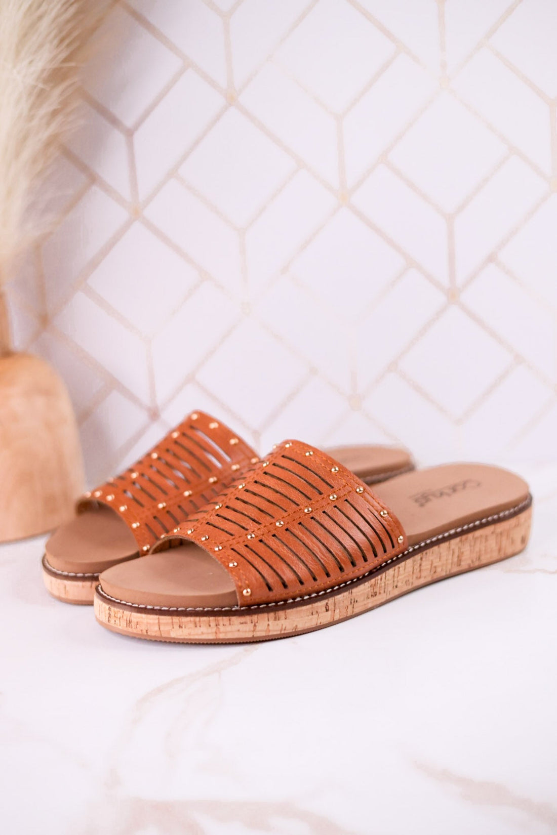 "At Ease" Cognac Slip On Sandals With Stud Accents - Whiskey Skies - CORKYS FOOTWEAR
