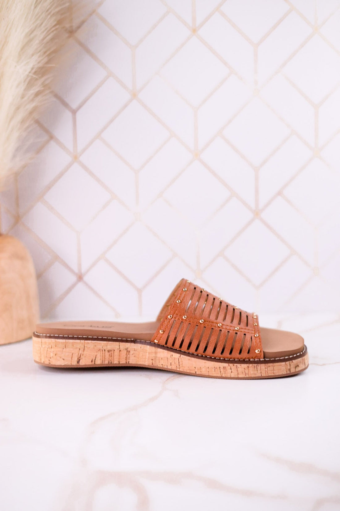 "At Ease" Cognac Slip On Sandals With Stud Accents - Whiskey Skies - CORKYS FOOTWEAR