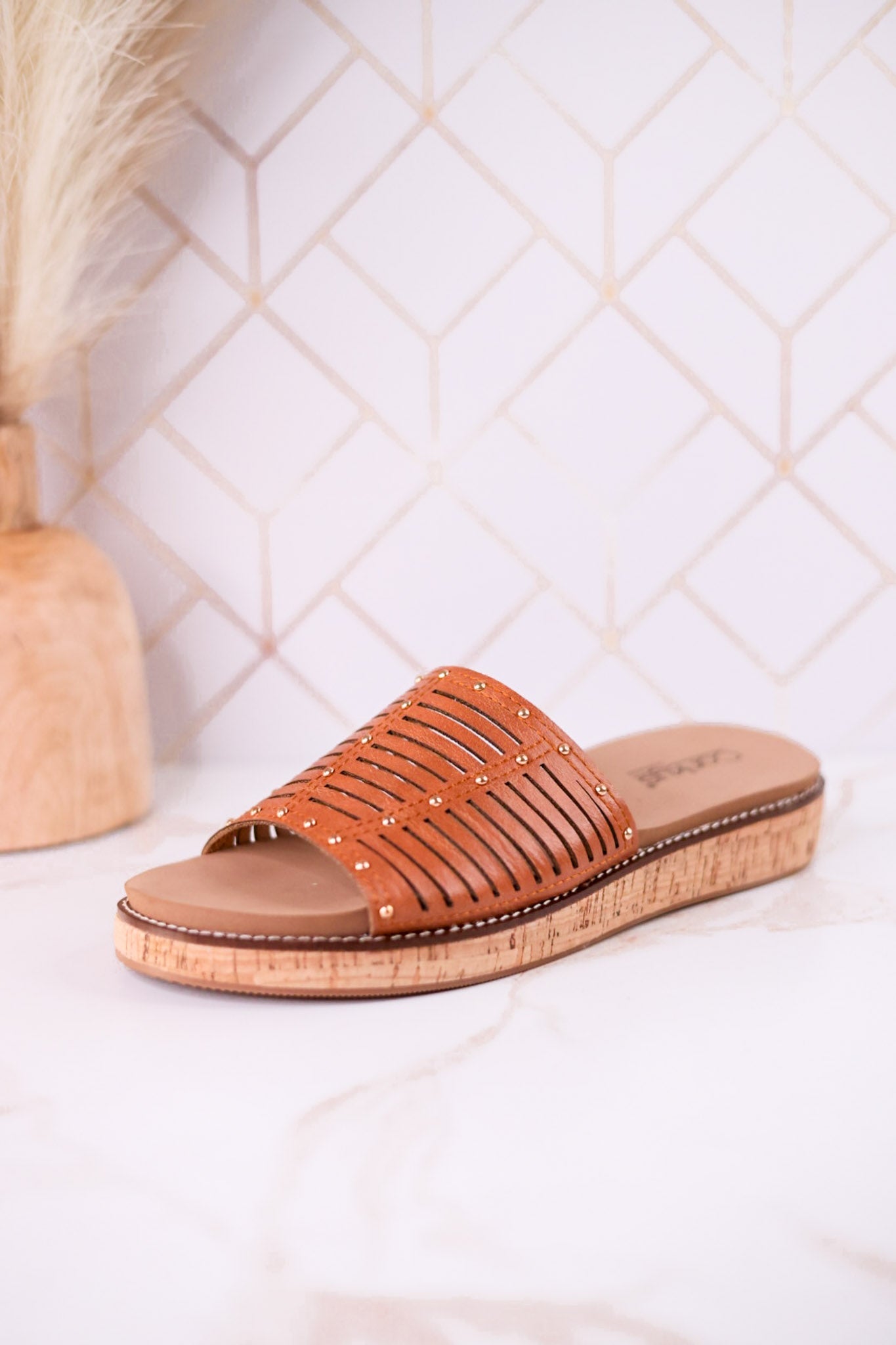 "At Ease" Cognac Slip On Sandals With Stud Accents - Whiskey Skies - CORKYS FOOTWEAR