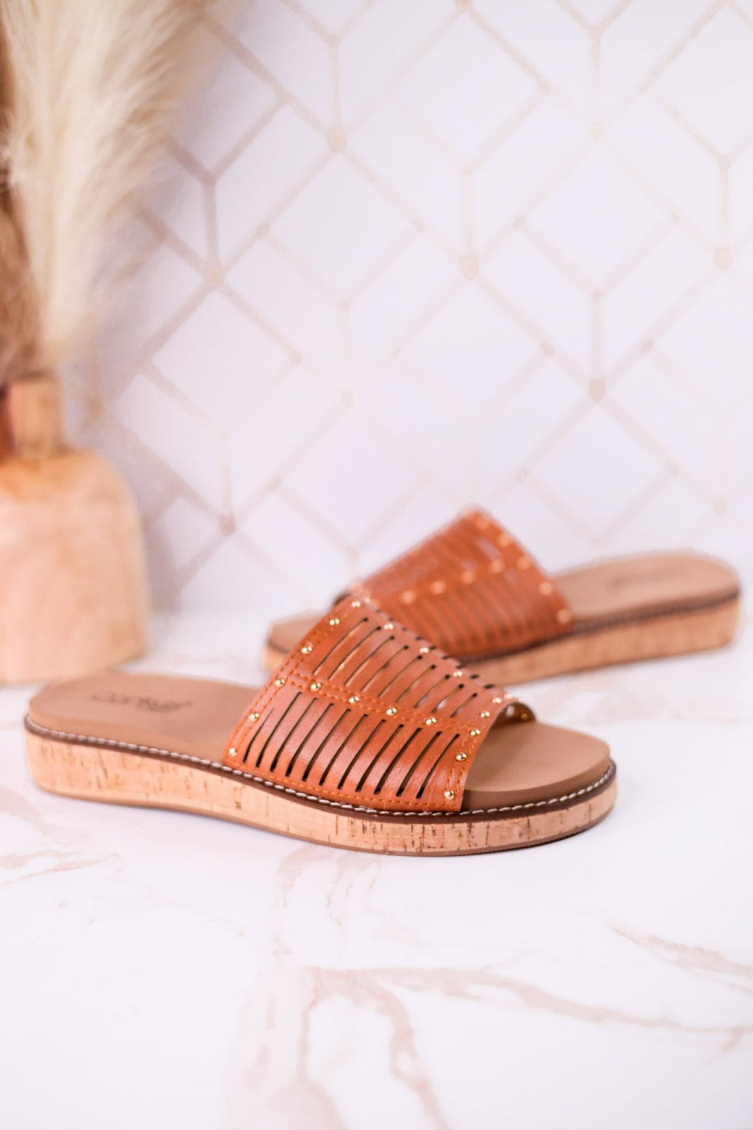 "At Ease" Cognac Slip On Sandals With Stud Accents - Whiskey Skies - CORKYS FOOTWEAR