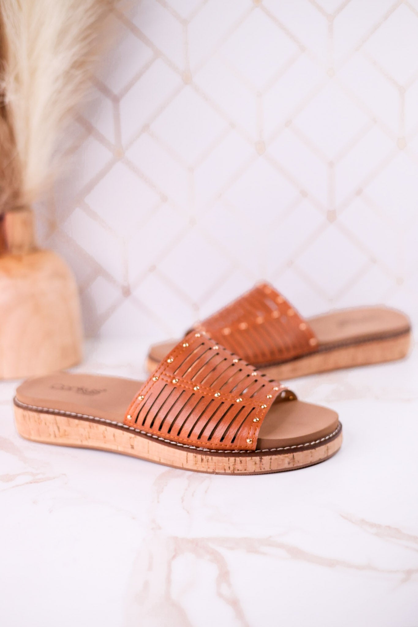 "At Ease" Cognac Slip On Sandals With Stud Accents - Whiskey Skies - CORKYS FOOTWEAR