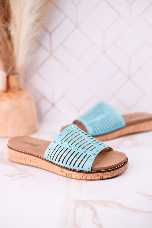 "At Ease" Turquoise Slip On Sandals With Stud Accents - Whiskey Skies - CORKYS FOOTWEAR