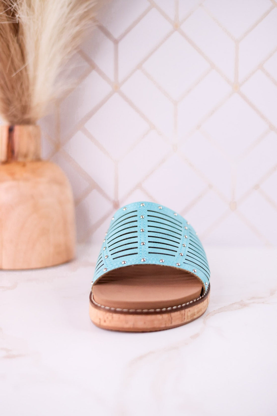 "At Ease" Turquoise Slip On Sandals With Stud Accents - Whiskey Skies - CORKYS FOOTWEAR