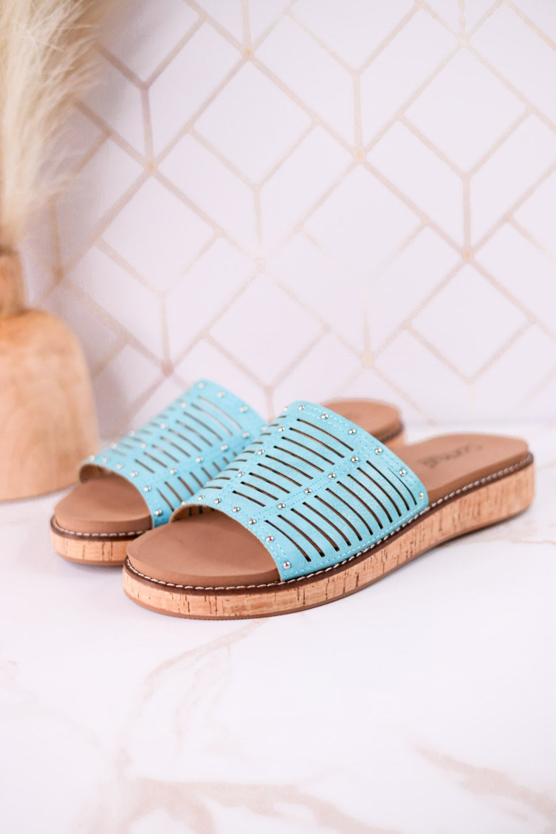 "At Ease" Turquoise Slip On Sandals With Stud Accents - Whiskey Skies - CORKYS FOOTWEAR