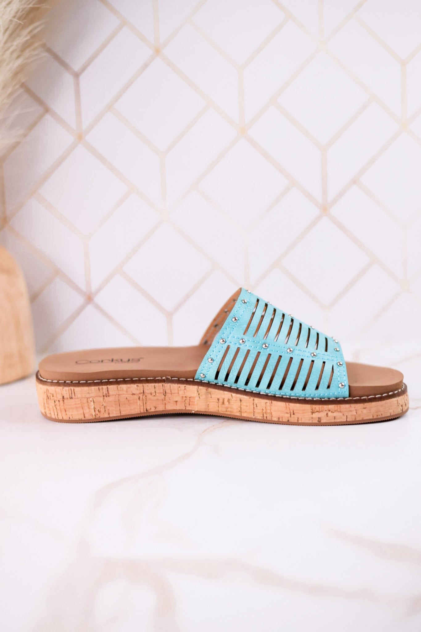 "At Ease" Turquoise Slip On Sandals With Stud Accents - Whiskey Skies - CORKYS FOOTWEAR