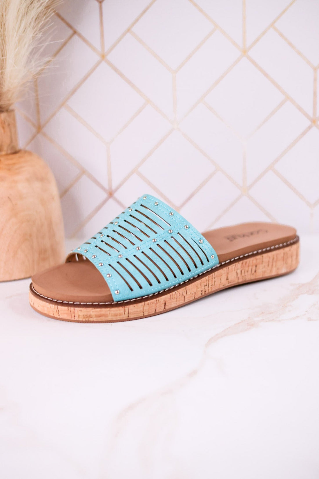 "At Ease" Turquoise Slip On Sandals With Stud Accents - Whiskey Skies - CORKYS FOOTWEAR