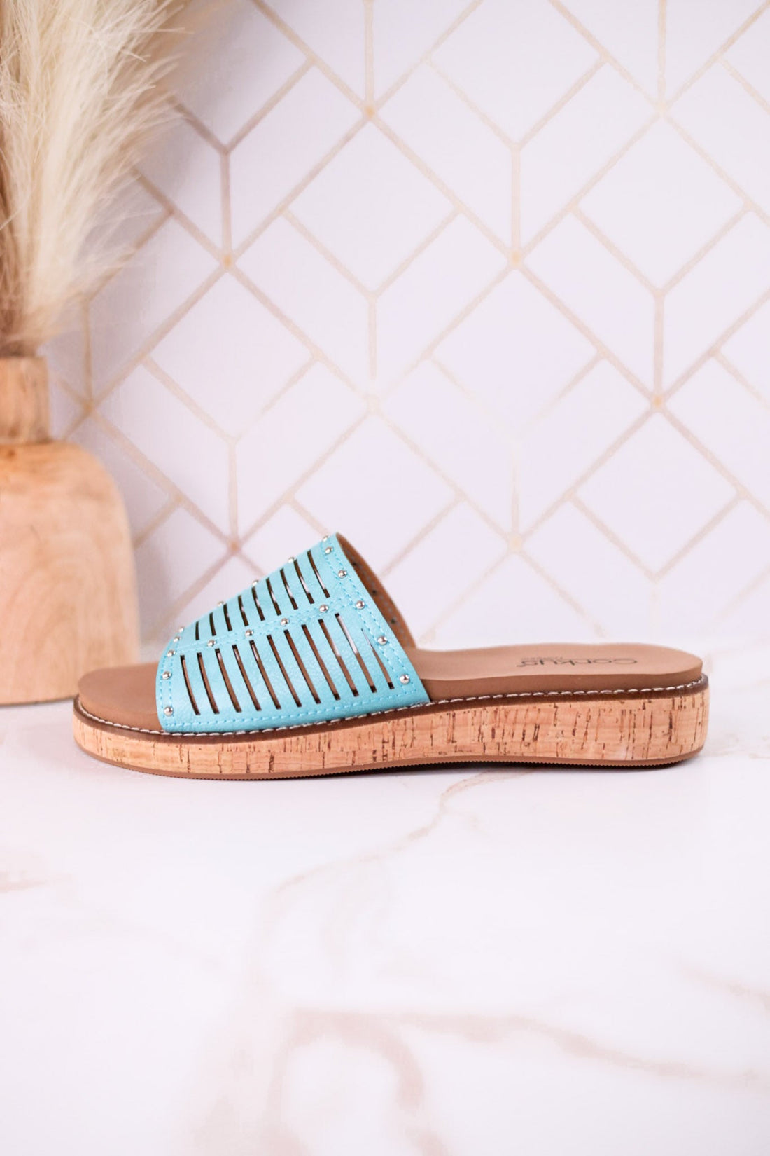 "At Ease" Turquoise Slip On Sandals With Stud Accents - Whiskey Skies - CORKYS FOOTWEAR