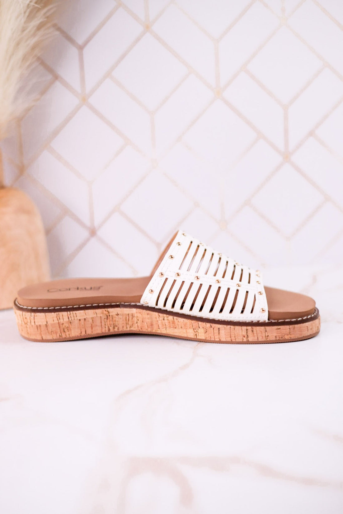 "At Ease" White Slip On Sandals With Stud Accents - Whiskey Skies - CORKYS FOOTWEAR