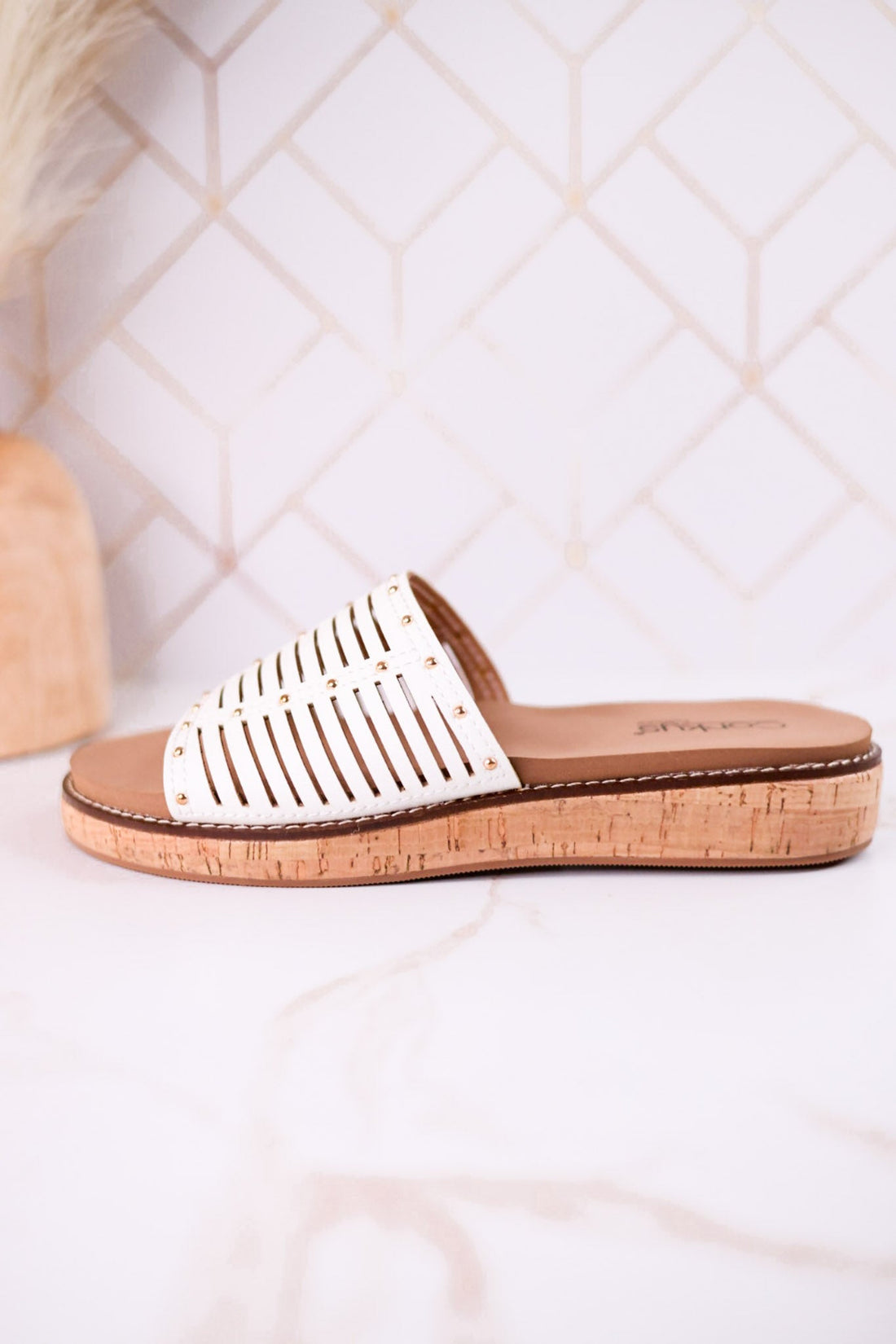 "At Ease" White Slip On Sandals With Stud Accents - Whiskey Skies - CORKYS FOOTWEAR