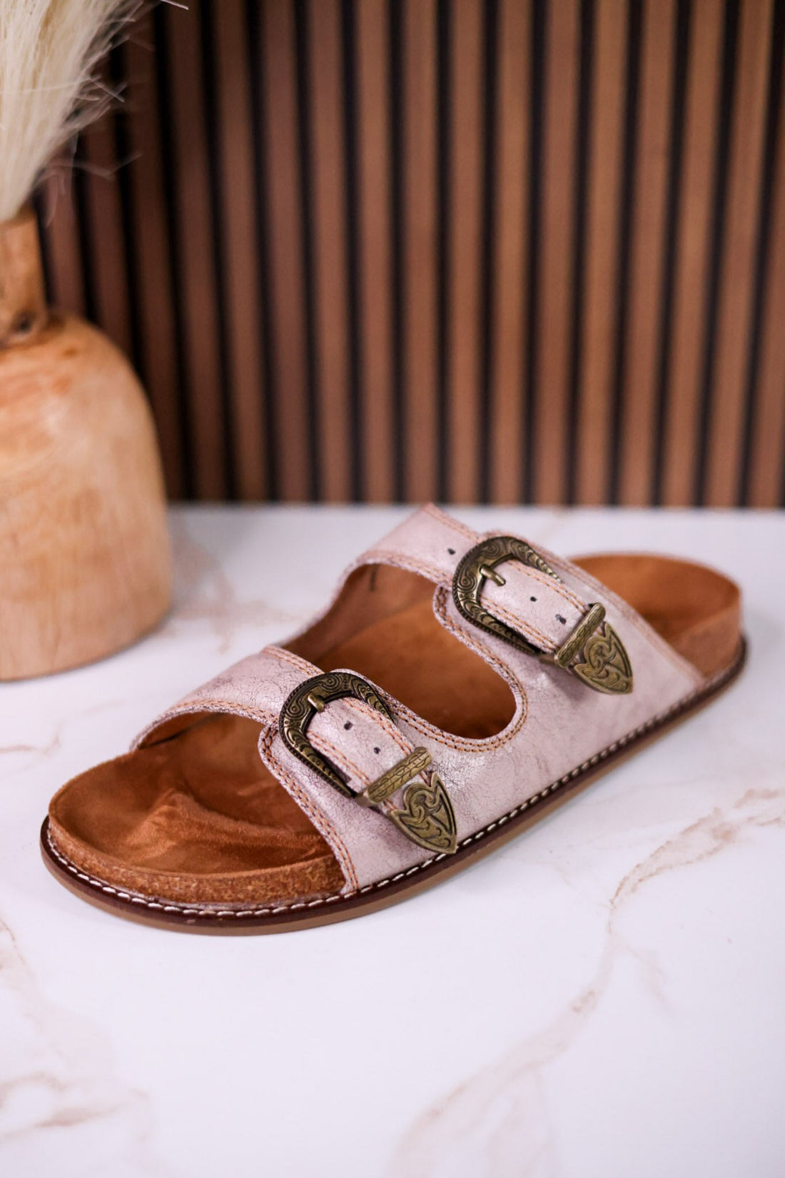 "Atta Girl" Cream Crackle Sandals With Engraved Buckles - Whiskey Skies - CORKYS FOOTWEAR