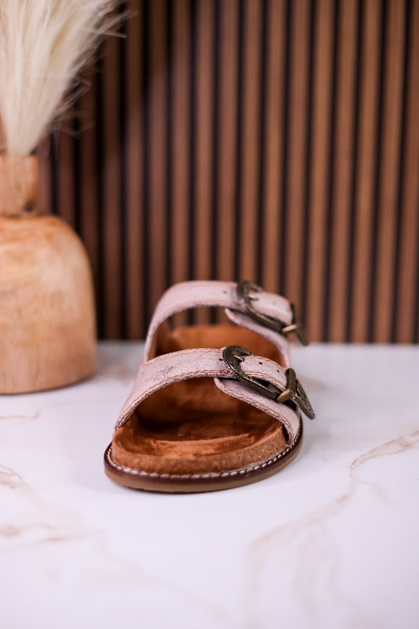 "Atta Girl" Cream Crackle Sandals With Engraved Buckles - Whiskey Skies - CORKYS FOOTWEAR