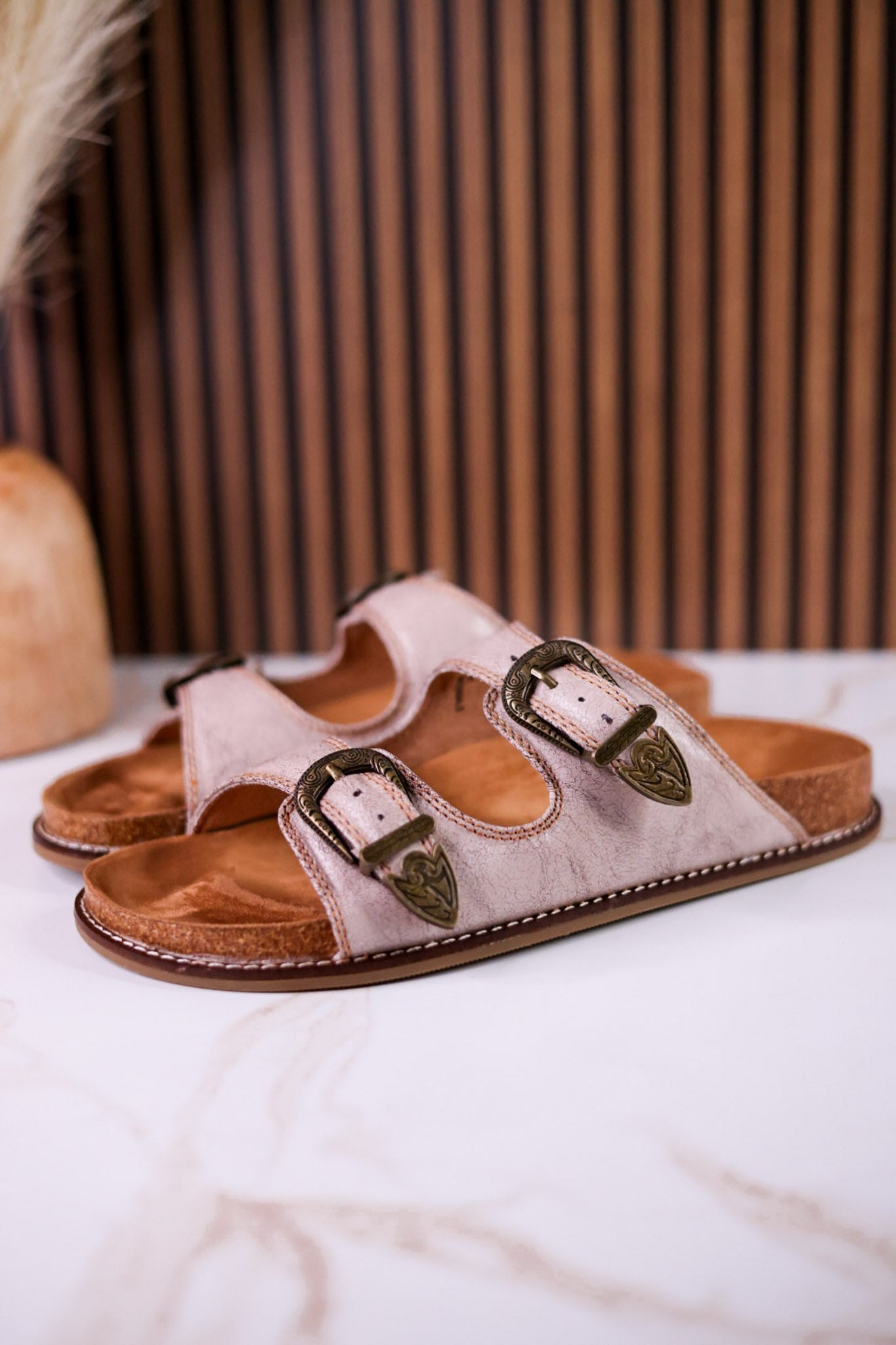 "Atta Girl" Cream Crackle Sandals With Engraved Buckles - Whiskey Skies - CORKYS FOOTWEAR