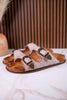"Atta Girl" Cream Crackle Sandals With Engraved Buckles - Whiskey Skies - CORKYS FOOTWEAR