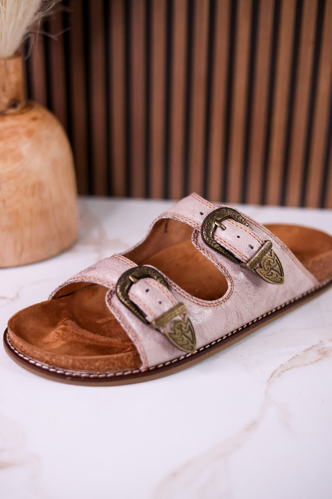 "Atta Girl" Cream Crackle Sandals With Engraved Buckles - Whiskey Skies - CORKYS FOOTWEAR
