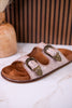 "Atta Girl" Cream Crackle Sandals With Engraved Buckles - Whiskey Skies - CORKYS FOOTWEAR